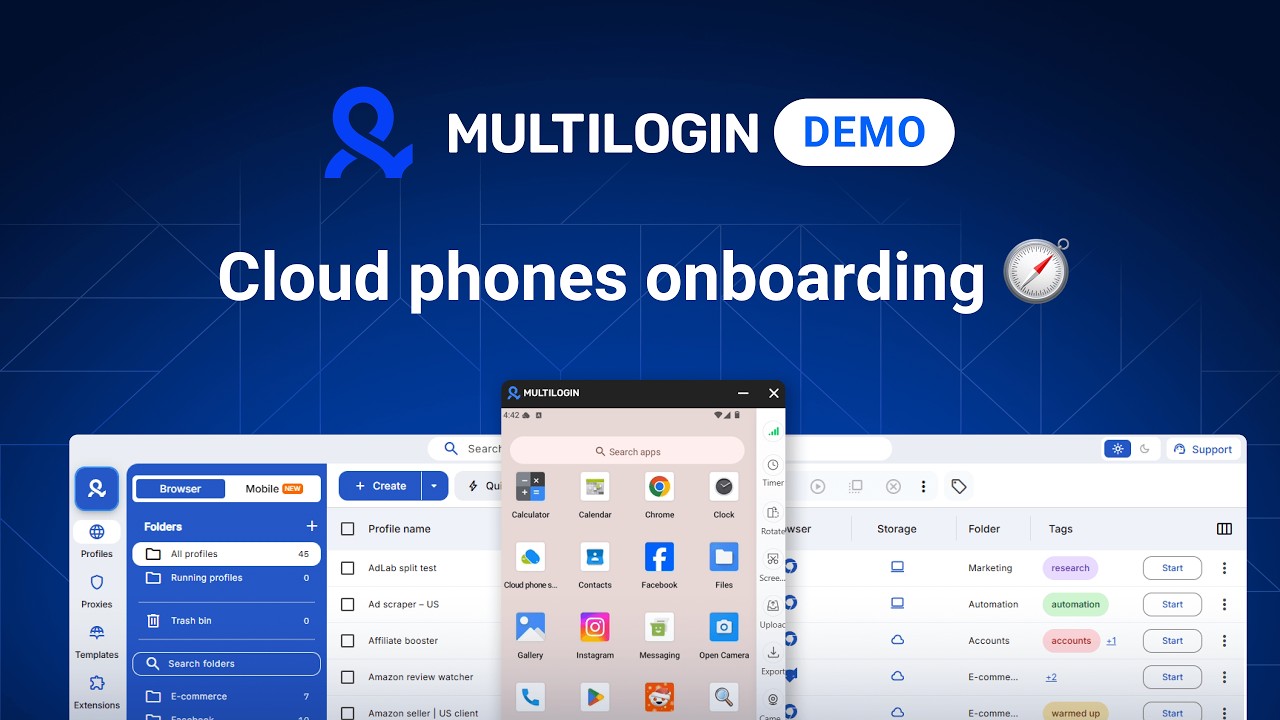 Run multiple accounts with Android cloud phones and anitdetect browser profiles in Multilogin