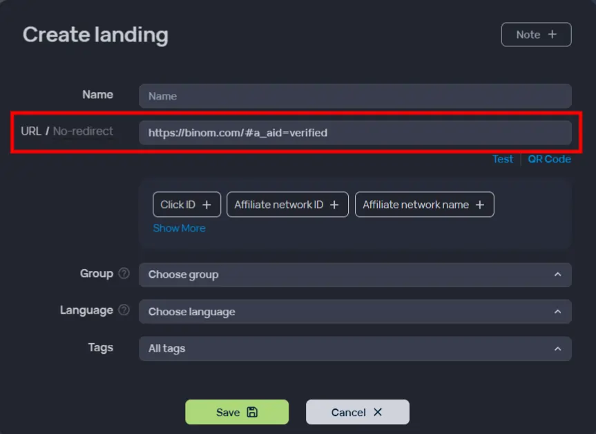 Binom - Add the landing page URL