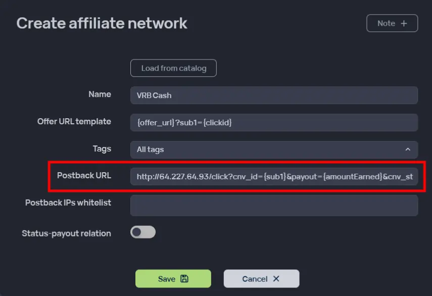 Binom - Add the postback URL