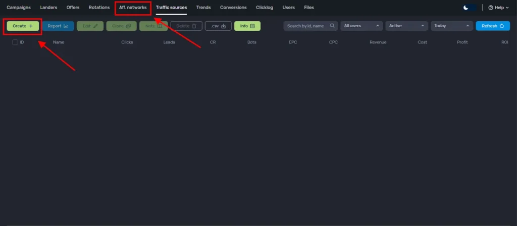Binom - Affiliate Networks section and click Create