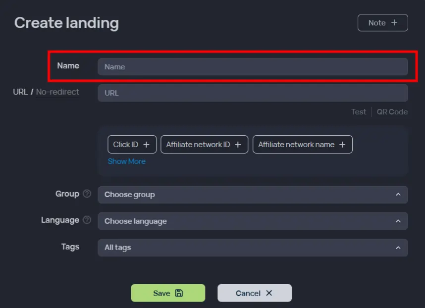 Binom - Enter name of your landing page