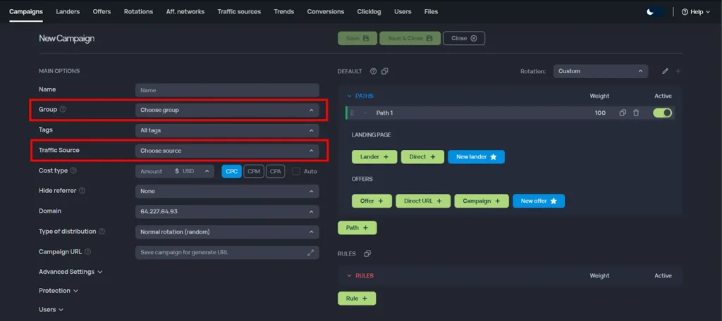 Binom - Select the appropriate group and traffic source