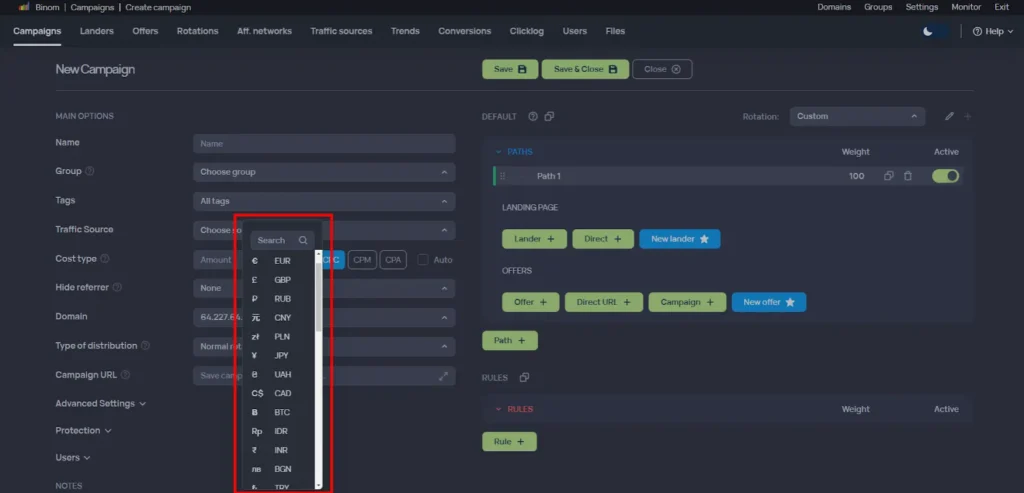 Binom - Specify the cost per click (CPC) if your traffic source supports it