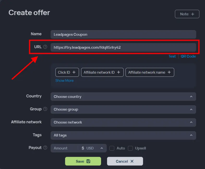 Binom - offer link into the URL