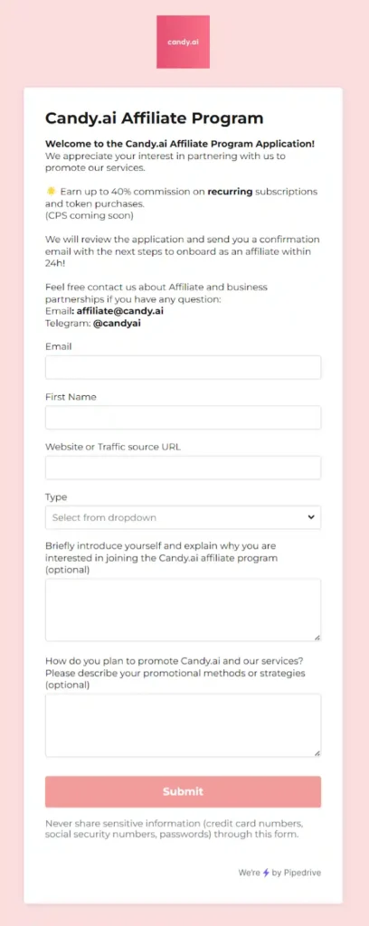 Candy AI Affiliates Sign up Page
