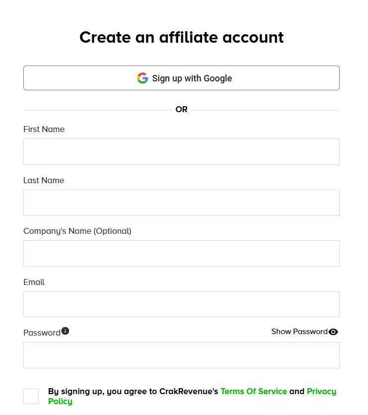 CrakRevenue Create an Account