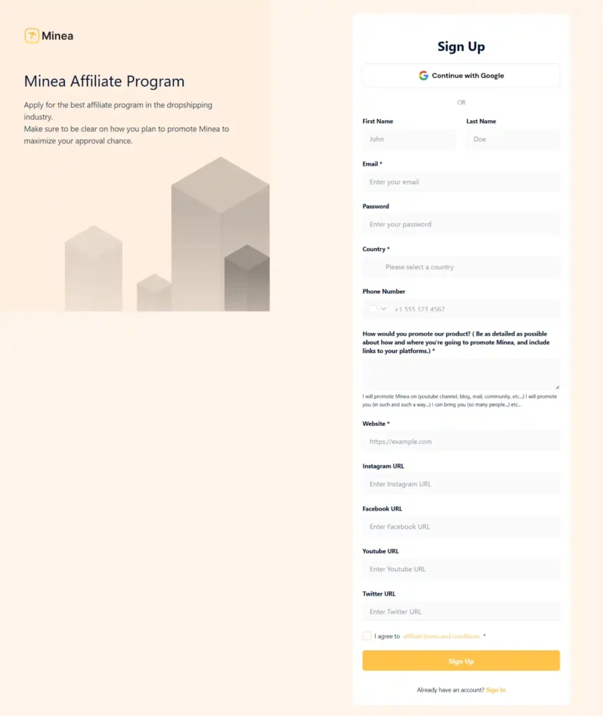 Minea Affiliate Program - Sign Up