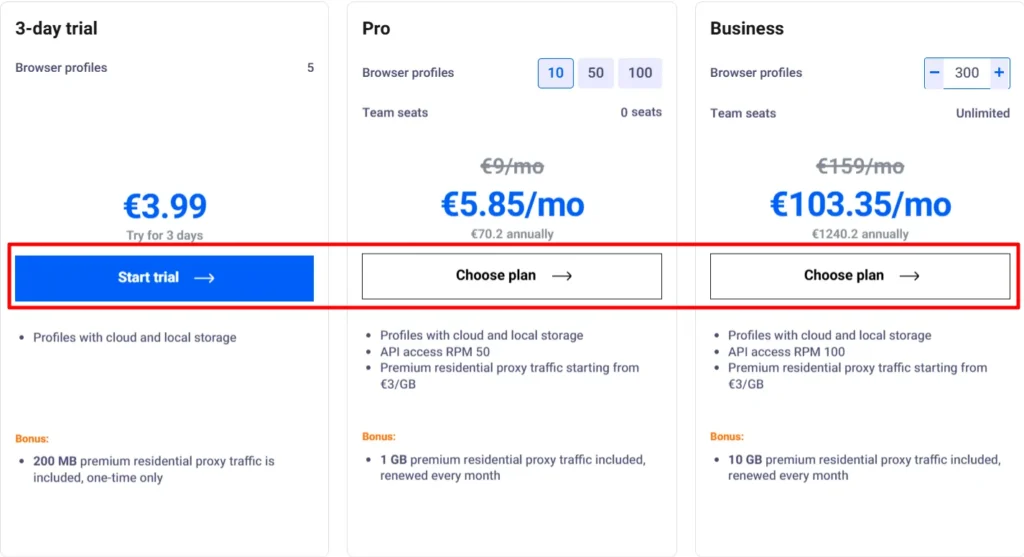 MultiLogin Choose Plan