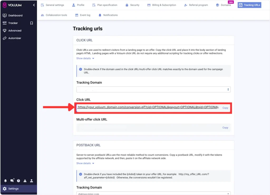 Voluum - Copy tracking URl