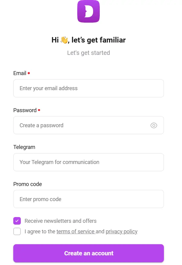 Enter your details to create account on Dolphin Anty