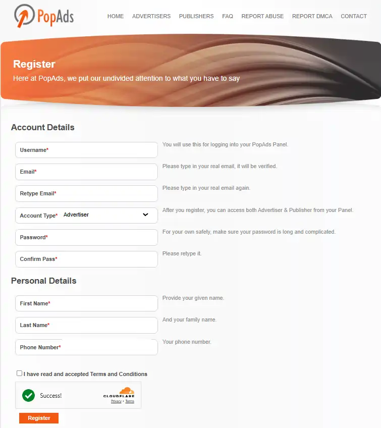 Create Popads Account