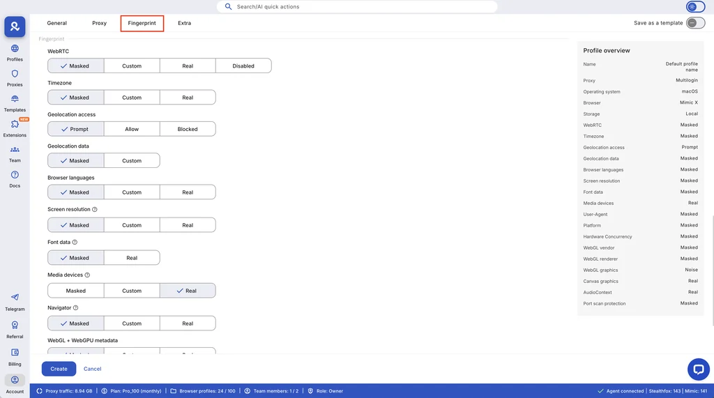 Multilogin Fingerprint Masking