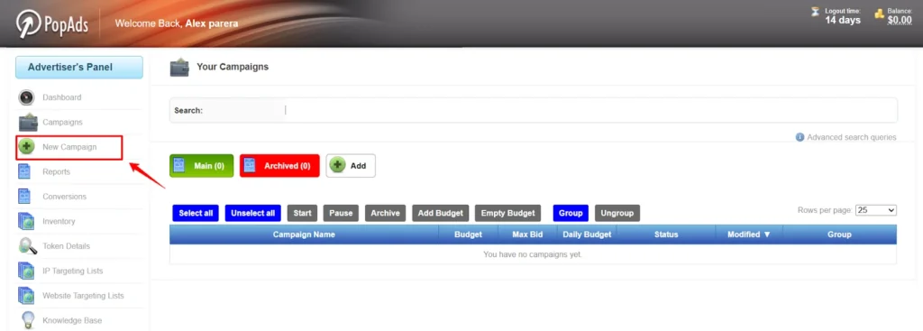 PopAds Advertisers Creating New Campaign