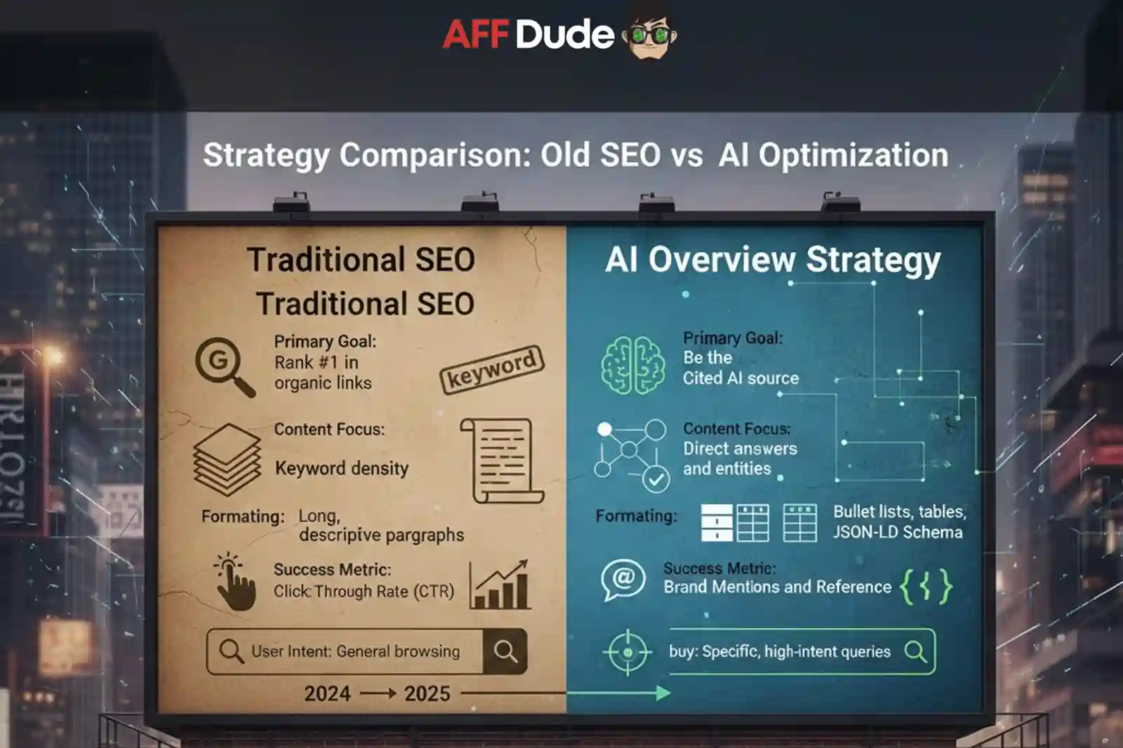 Comparison of traditional SEO tactics vs AI-driven optimization strategies