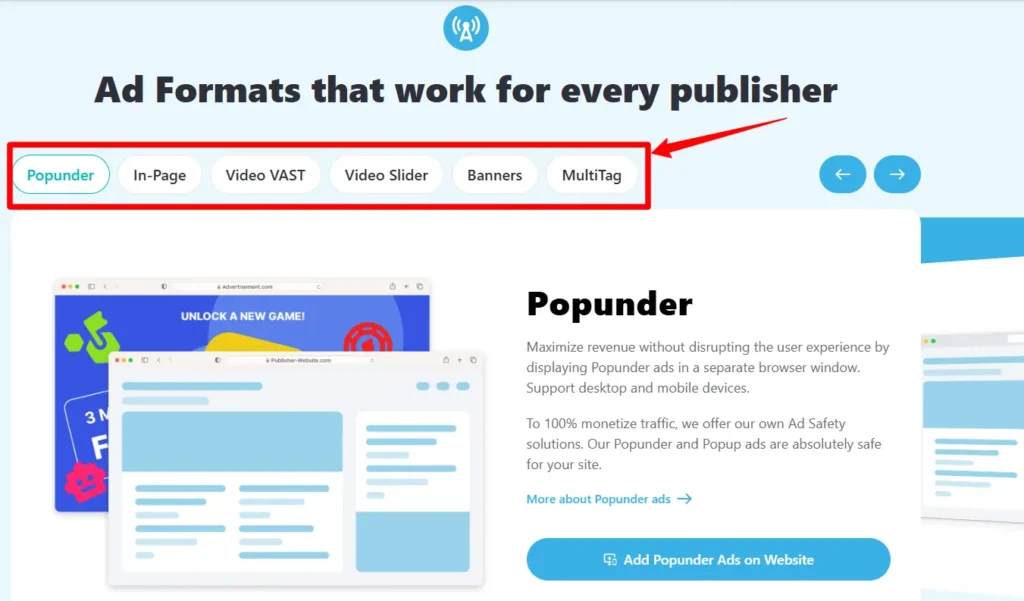 HilltopAds Ad Formats Available to Publishers