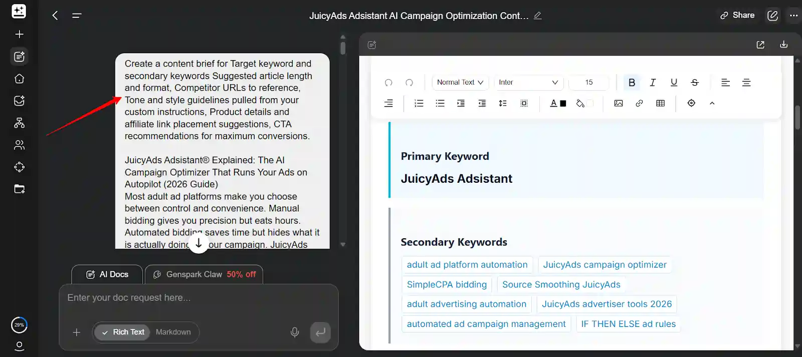 Generate Content Briefs in Genspark AI Docs