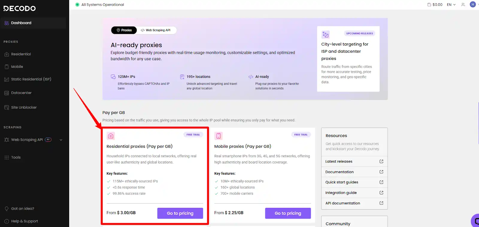 Open Decodo dashboard and choose Residential Proxies