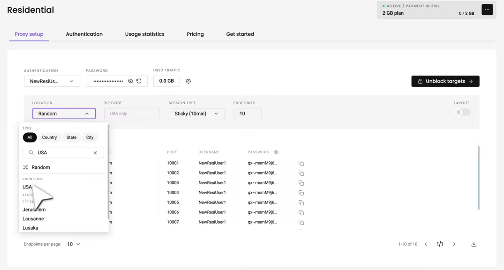 Select a target location in Decodo