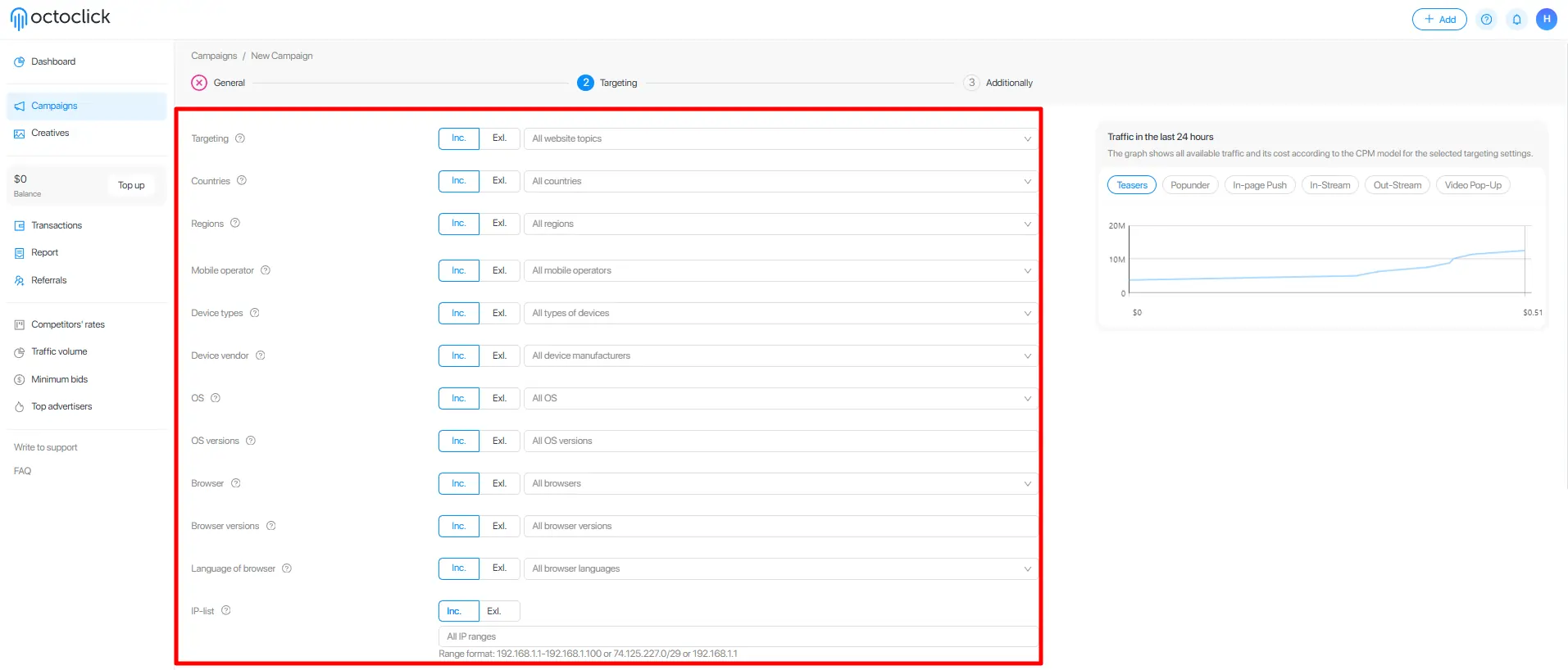 OctoClick Device, Browser, OS, and Operator Targeting