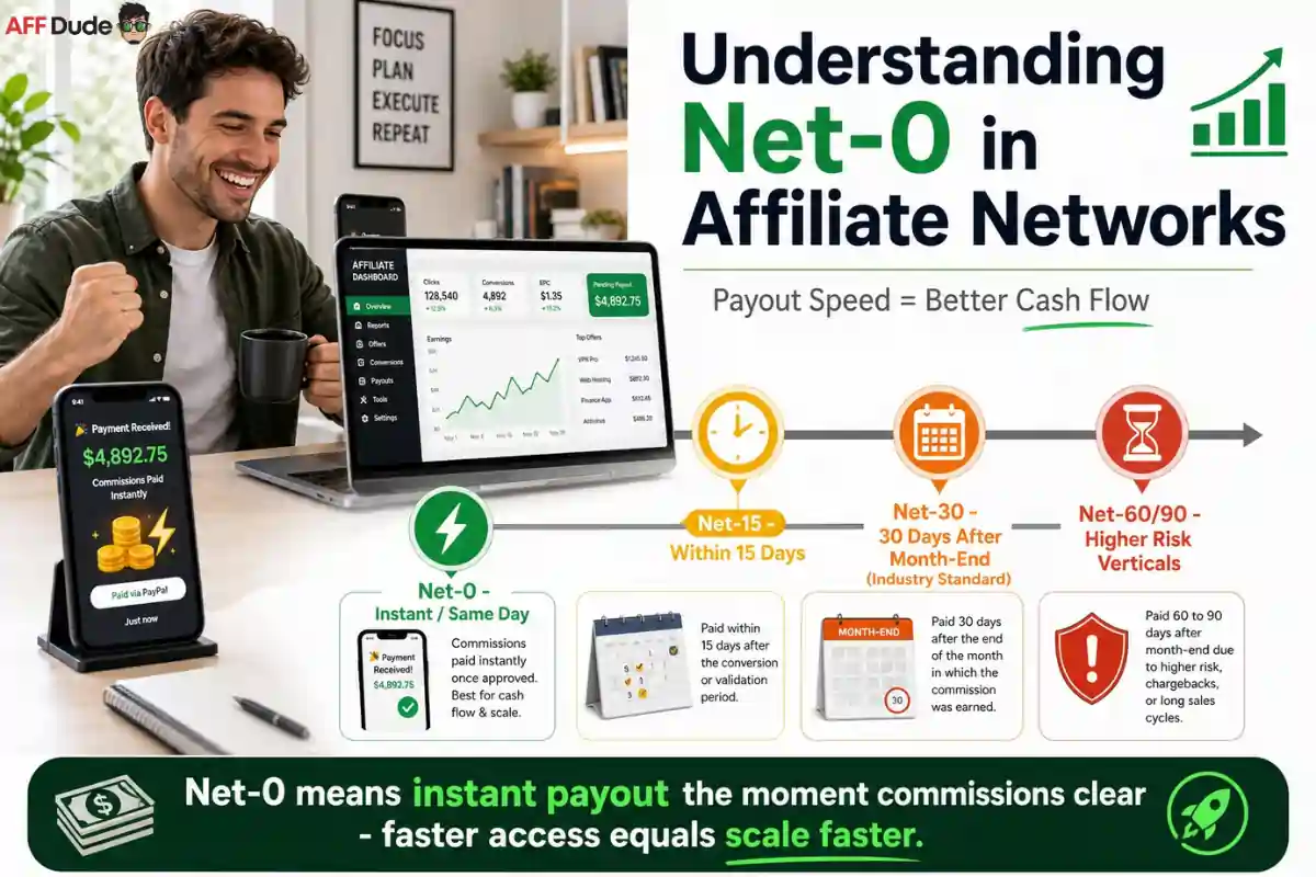 Affiliate network payout timeline explaining Net-0 payment terms