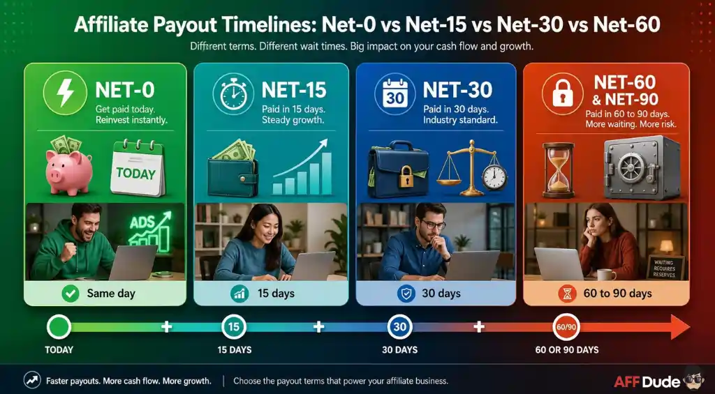 Affiliate payment timeline comparison across net terms