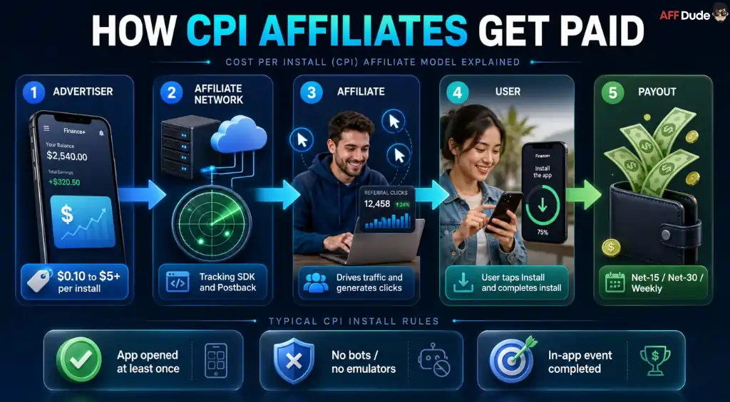 CPI affiliate network install payout process diagram