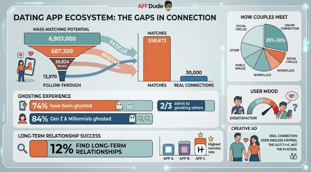 Dating app match rate decline and ghosting funnel analysis