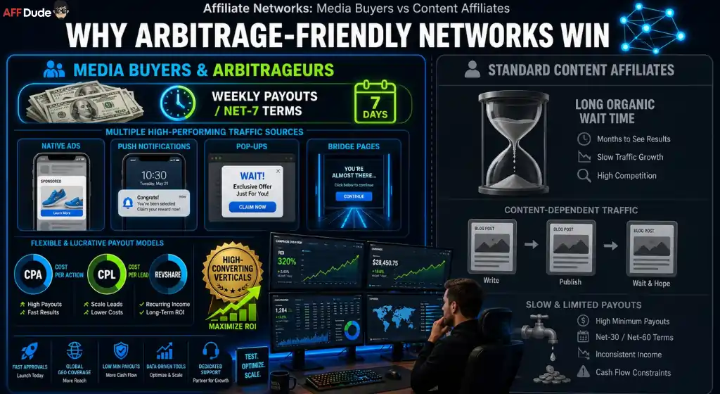 Media buyer comparing affiliate network models for arbitrage campaigns