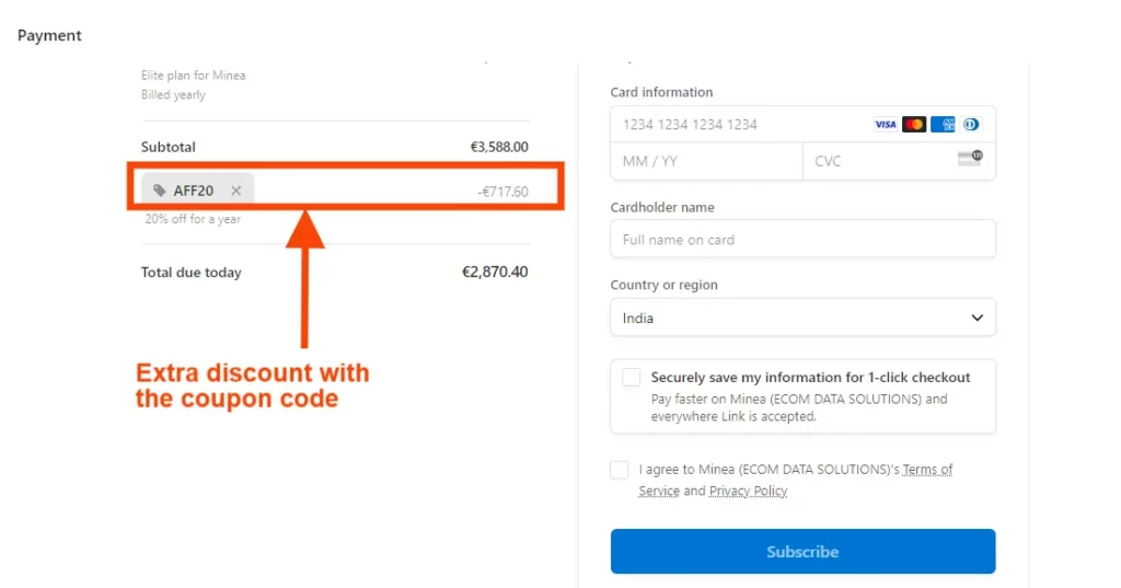Applying Minea Coupon Code at Checkout