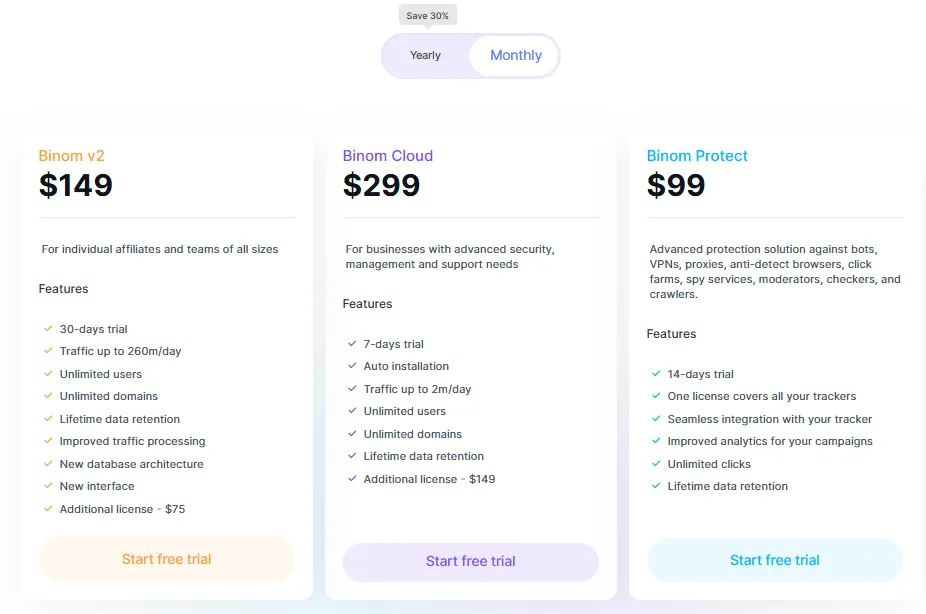 Binom Pricing Plans