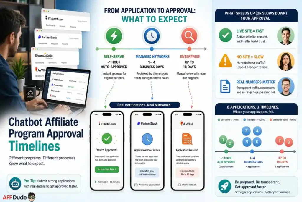 Chatbot affiliate program approval time and requirements