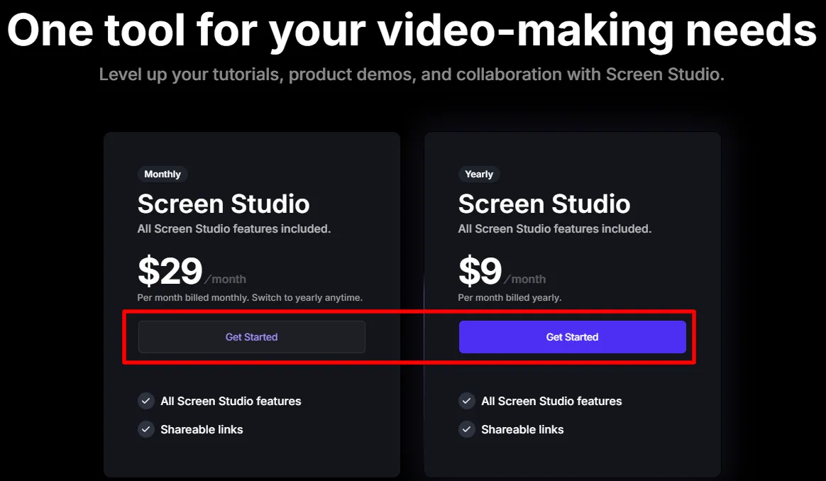 Choosing Screen Studio Plan to Redeem Discount