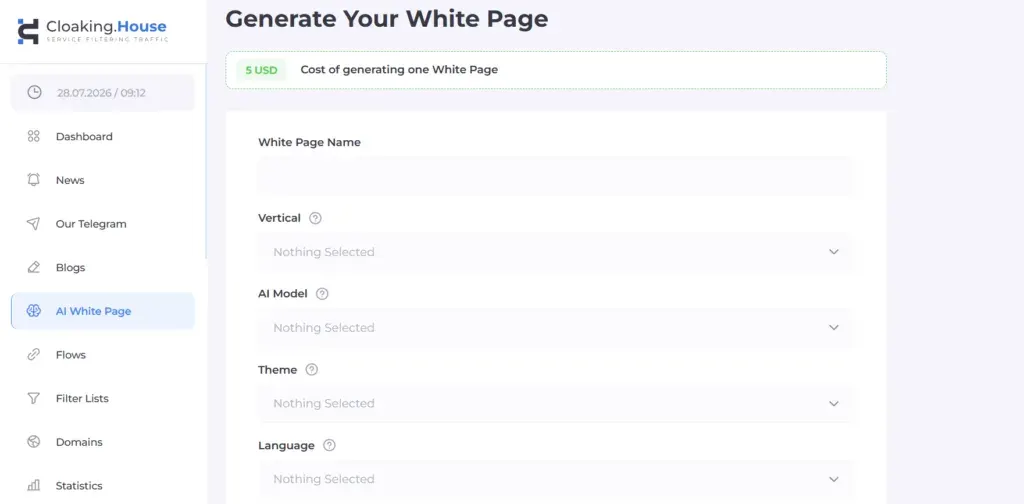 Cloaking.House AI White Page Generator