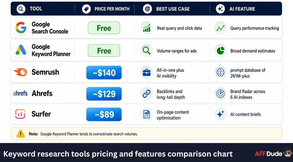 Keyword research tools pricing and features comparison chart