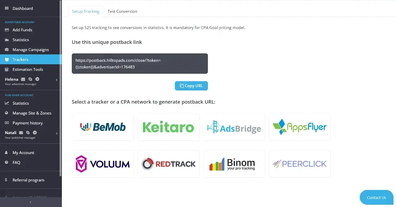 HilltopAds tracker connections